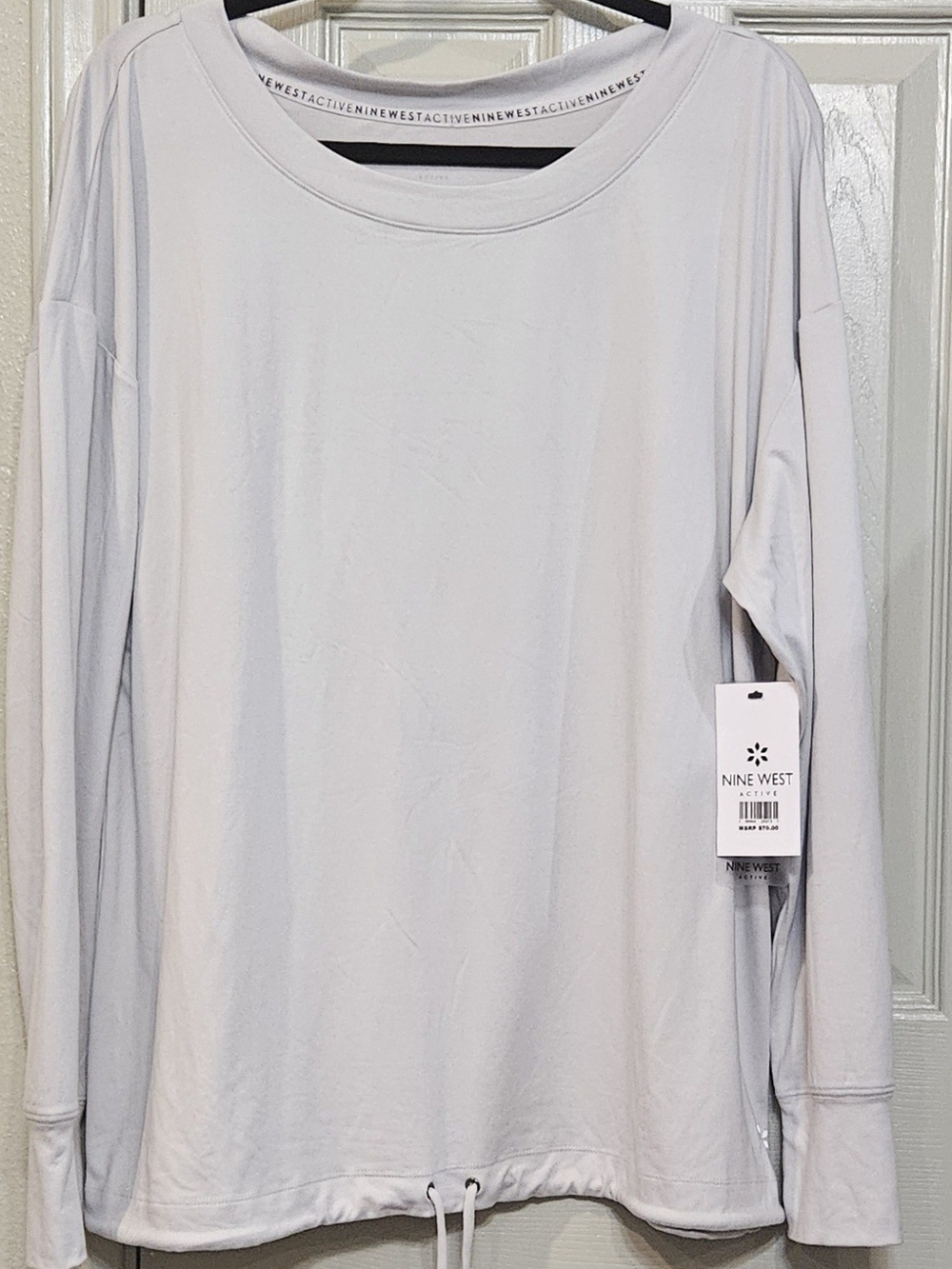 Nine West Light Gray Long Sleeve Scoop-Neck Drawstring Top